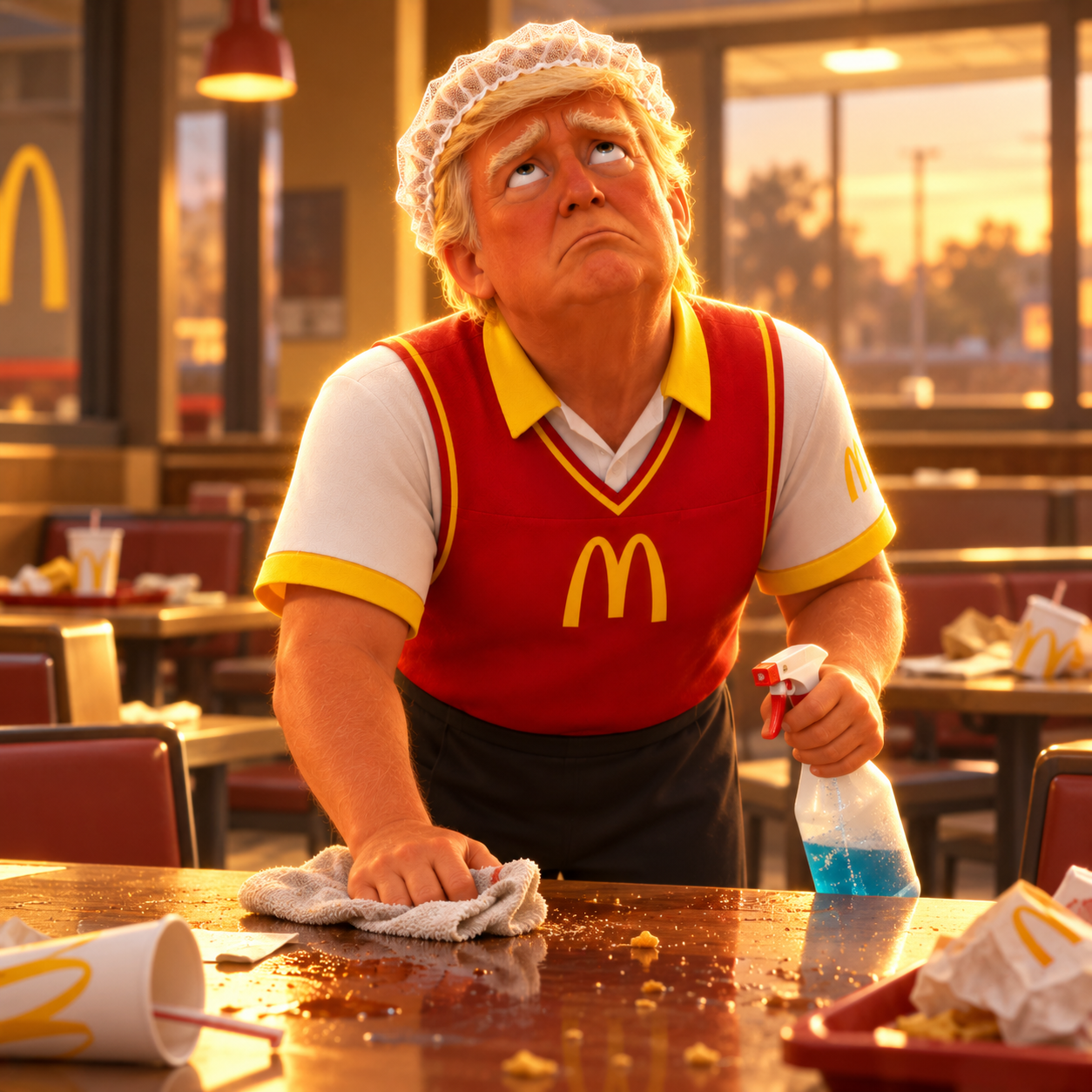 Normietrump looking exasperated while wiping a restaurant table