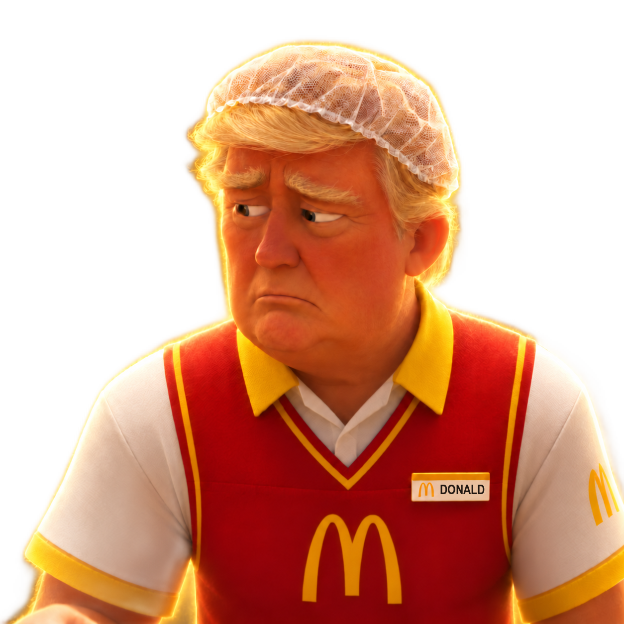 Normietrump in a red fast-food uniform and hairnet